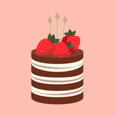 Cartoon birthday brownie cake with strawberry and candles for celebration design. Colorful cartoon vector illustration. Sweet holiday food. - 570431287