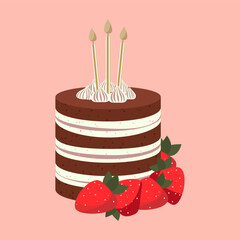 Cartoon birthday brownie chocolate cake with strawberry, cream and candles for celebration design. Colorful cartoon vector illustration. Sweet holiday food.