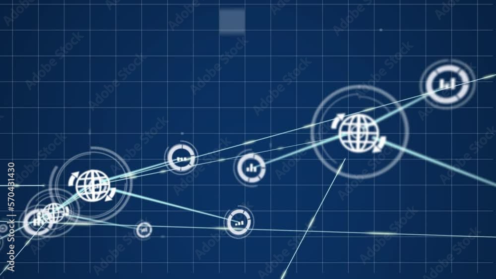 Poster animation of globe and graph icons connected with lines over falling square on grid pattern