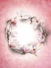 Cornice rotonda con fiori di magnolia su sfondo  rosa	