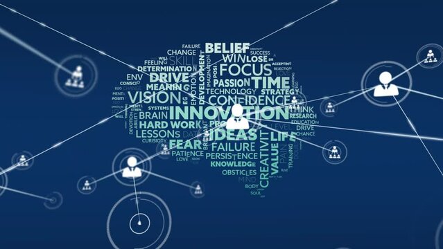 Animation of connected icons over multiple texts forming brain against abstract background