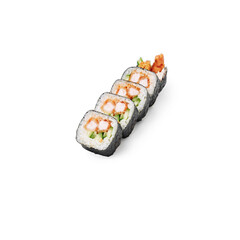 The set of 5 sushi rolls named Tempura Shrimp Roll on white background isolated