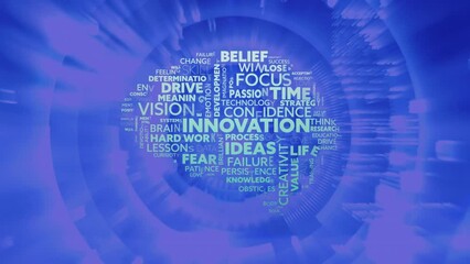 Animation of business concept texts forming a brain shape against close up of a human eye