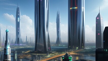 Naklejka na ściany i meble Futuristic skyscrapers of the city of the future