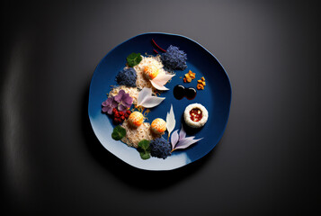 Menú degustación de platos de autor tipicos de japón, sushi, erizo de mar, empanadillas y tempura - obrazy, fototapety, plakaty