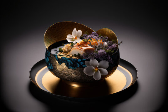Sopa de tallarines con flor de loto y atún rojo en salsa de soja de miso con algas de remolacha, creada con IA generativa