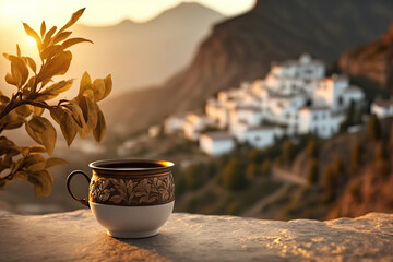 Naklejka na ściany i meble Cup of coffee or tea on the background of Greek landscape. Based on Generative AI