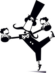 Cartoon man in the top hat holding two big mugs of beer. Funny long mustache man in the top hat holding two big mugs of beer. Black and white illustration