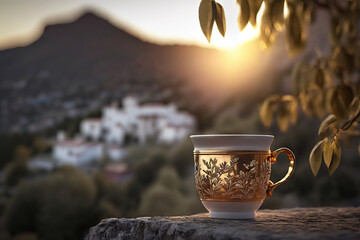Cup of coffee or tea on the background of Greek landscape. Based on Generative AI - obrazy, fototapety, plakaty