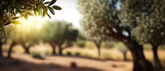 defocused olive fiel trees background with branches on the side at morning sunshine with copyspace area