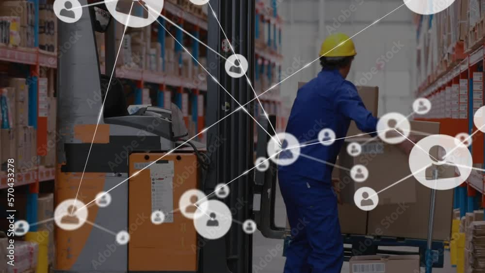 Poster Animation of network of profiles over caucasian male worker loading boxes in forklift at warehouse