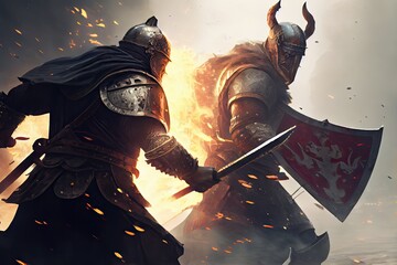 Vikings, Normans warriors and generals fighting on the battlefield, epic battle scene. Generative AI.