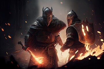 Fototapeta na wymiar Vikings, Normans warriors and generals fighting on the battlefield, epic battle scene. Generative AI.