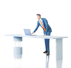 Successful businessman working in office by his desk. 3D rendering illustration 