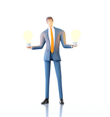 Successful businessman holds two light bulbs. 3D rendering illustration