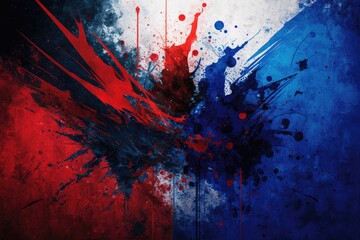 Art grunge paint background with deep blue and red splash texture, ai