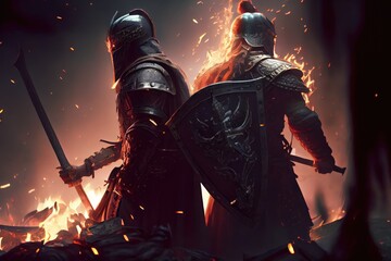 Naklejka premium Vikings, Normans warriors and generals fighting on the battlefield, epic battle scene. Generative AI.