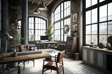 Obraz premium Luxury workspace office decorated with industrial loft interior design, work from home, ai