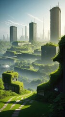 An overgrown green metropolis. People have left the city. Postapocalypse
