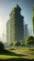 Obraz premium An overgrown green metropolis. People have left the city. Postapocalypse