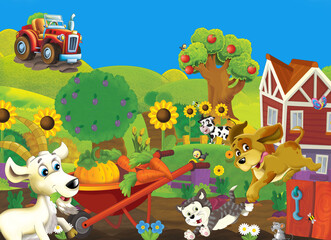 Obraz na płótnie Canvas cartoon scene with farm ranch with different animals illustration for children
