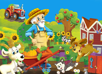 cartoon farm ranch scene with farmer boy different animals and pumpkins illustration for children