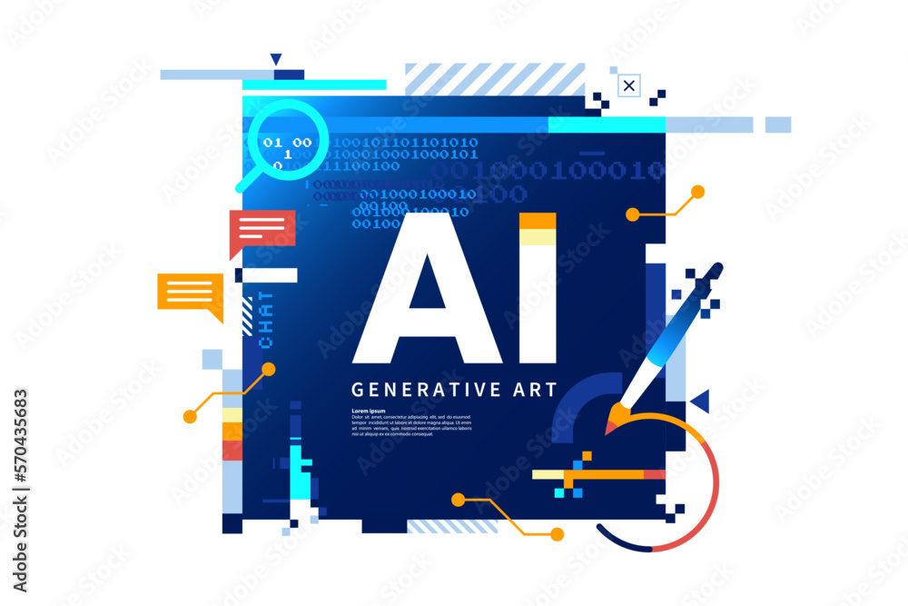 Poster AI technology abstract background. AI generative art creative banner concept in digital glitch style. High tech poster with place for text. Futuristic design element. Vector eps 10
