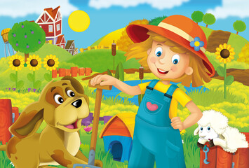 Fototapeta premium cartoon farm ranch scene with farmer woman girl different animals illustration for children