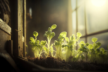 Young sprouts growing in small indoor greenhouse in spring. AI generated image