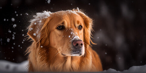 Golden retriever dog playing in the snow