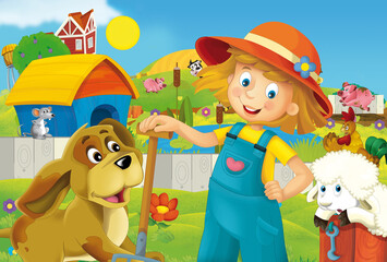 cartoon farm ranch scene with farmer woman girl different animals illustration for children