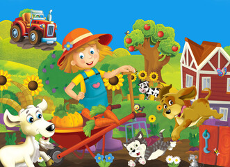 Obraz na płótnie Canvas cartoon farm ranch scene with farmer woman girl different animals illustration for children