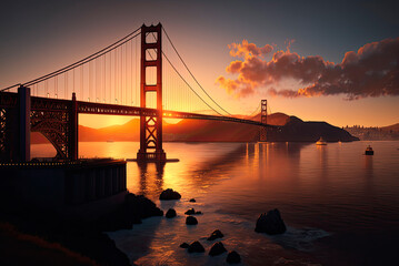 Obraz premium Golden Gate, San Franciso, at sunset. Generative AI