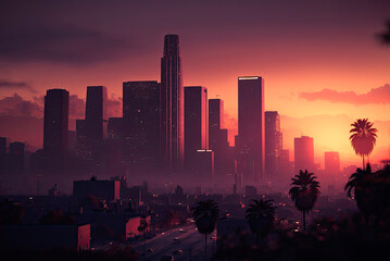 Los Angeles skyline at sunset. Generative AI - obrazy, fototapety, plakaty