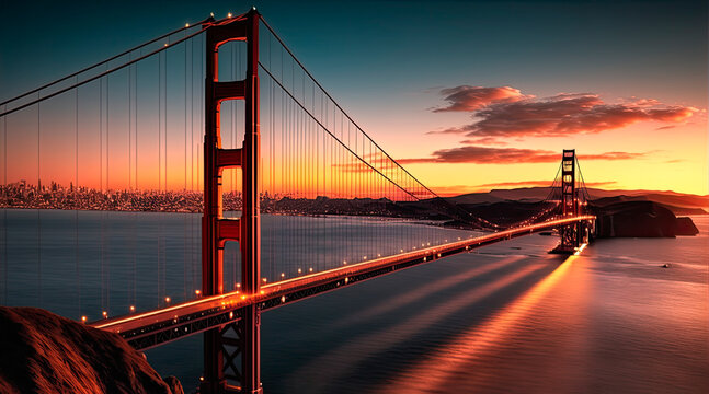 Golden Gate, San Franciso, at sunset. Generative AI