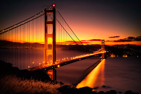 Golden Gate, San Franciso, at sunset. Generative AI
