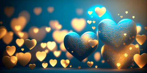 Abstract Light Bokeh Background in blue and golden tones with hearts for Valentines day, Illustration, generative AI
