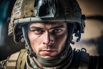 Close-up face portrait of serious soldier in sand uniform with helmet ready for defense before war. AI generative