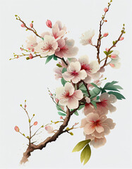 Beautiful Japanese Cherry Blossoms White Flower Illustration For Weddings, Cards, Logos, Backgrounds. Generative AI