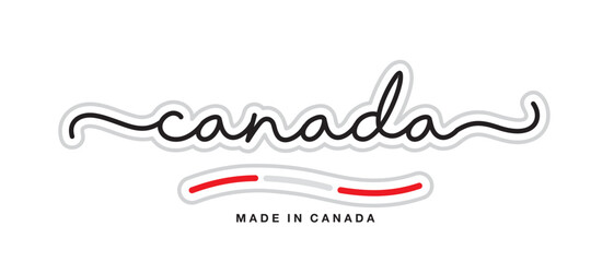 Made in Canada, new modern handwritten typography calligraphic logo sticker, abstract Canada flag ribbon banner