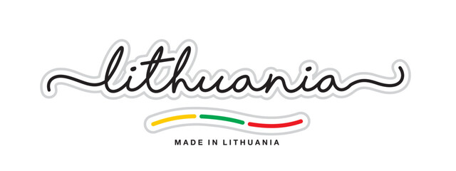 Made in Lithuania, new modern handwritten typography calligraphic logo sticker, abstract Lithuania flag ribbon banner
