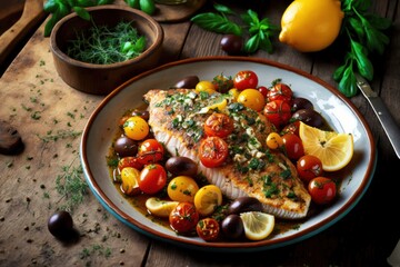 peixe grelhado, salmon grilled, dieta mediterrânea, mediterranean dish, legumes e frutos do mar, GENERATIVE AI - obrazy, fototapety, plakaty