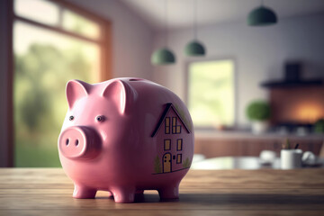 Rosa Sparschwein steht auf einem Holztisch in einem modernen Haus - Generative AI