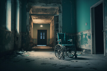 Fototapeta na wymiar Wheelchair with ghost in abandoned hospital genarative AI