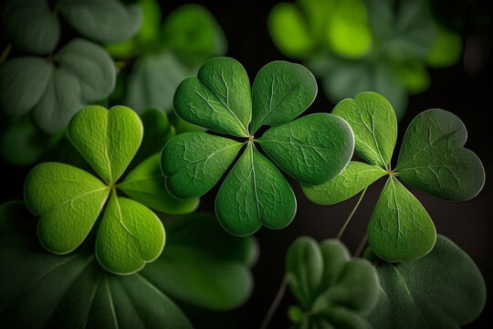 Four leaf clover, Clover Leaves for Green background with three-leaved shamrocks. st patrick's day background, holiday symbol, Earth Day, AI 