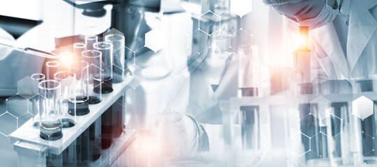 Double exposure microscope and Young woman scientific using equipment in the laboratory for research.Biotechnology,development,chemical,vaccine,COVID-19. Photo concept experimentation and research.