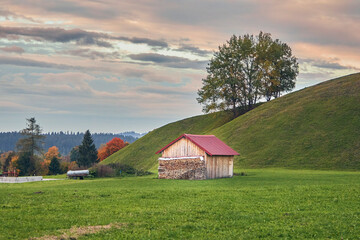 Obraz premium Barn with firewood in the Bavarian Alps in autumn, next to a hill and a tree, beautiful sky.