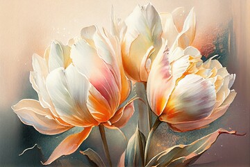 abstract watercolor pink and white tulips, AI art