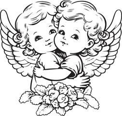 cute angelic kids hugging with flowers