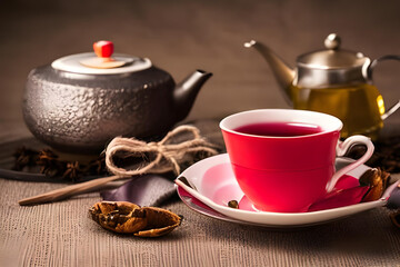 Obraz na płótnie Canvas cup of tea. cup of tea on wooden table. cup of tea with sugar and mint. tea concept. tea. delicious tea. tea on table. served tea. AI generated.